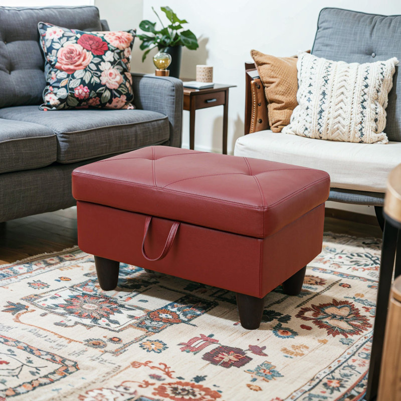 Keevha 28.5''Wide Rectangle Solid Colour Storage Ottoman, Red Faux Leather