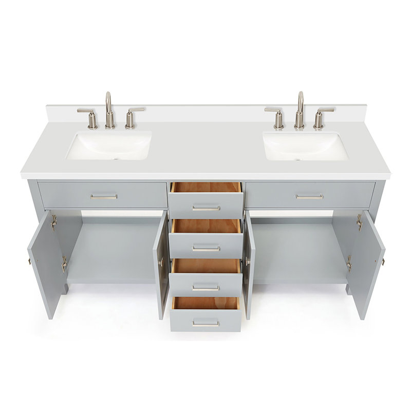 Abbate 72" Double Bathroom Vanity with White Quartz Top, Gray