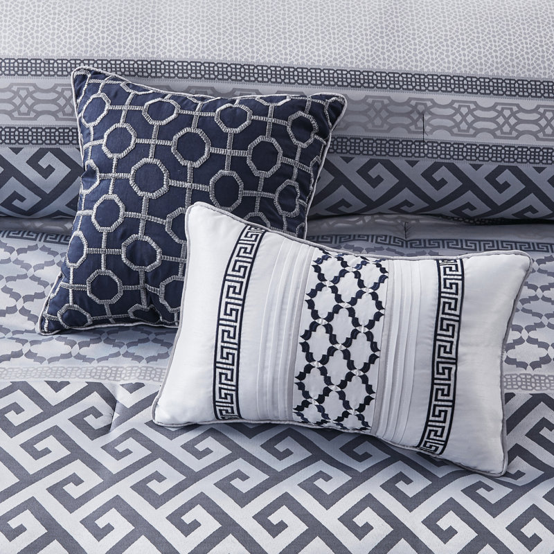 Navy Queen 7 Piece Comforter - Faux Silk Bed Skirt And With Shams & Pillows Elegant Decorative Comforter, Shams, Matching