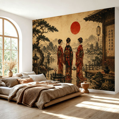 Wall Mural Peel and Stick Wallpaper Traditional Japanese Garden Scene Geisha Red Sun Self-Adhesive Removable Contact Paper Wall Decor for Living Room Bedroom 69"H x 96"W