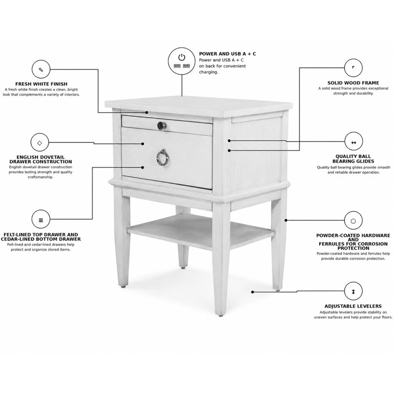Point Breeze - 1 Drawer Nightstand with Jewelry Tray, Shelf, Power Strip, USB-A and USB-C Port - Fresh White with Soft Grey Glaze Finish