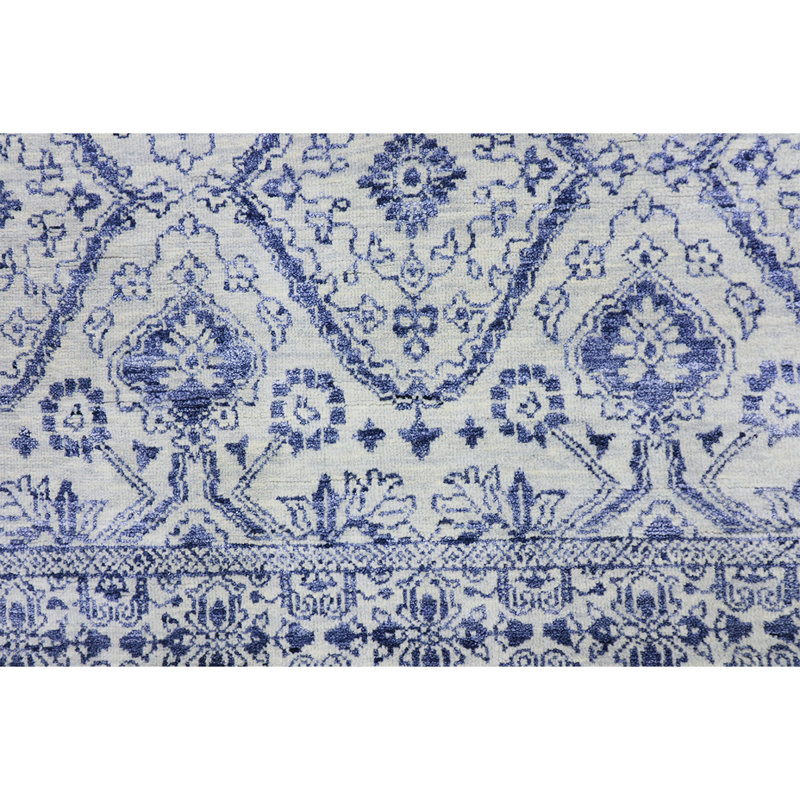 Tapis argent et bleu noué à la main de haute qualité, Rectangle 4 pi 1 po x 6 pi 1 po