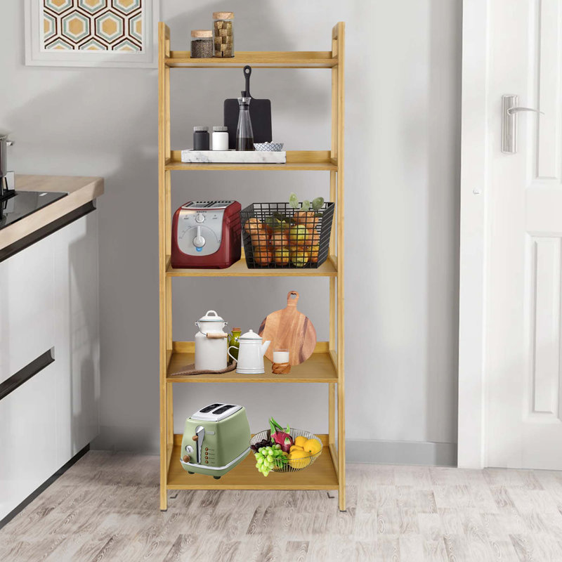 Wood Bookcase Ladder Bookshelf Shelving Unit, Natural, (5 Shelves) 51.6"H x 17"W x 13.5"D
