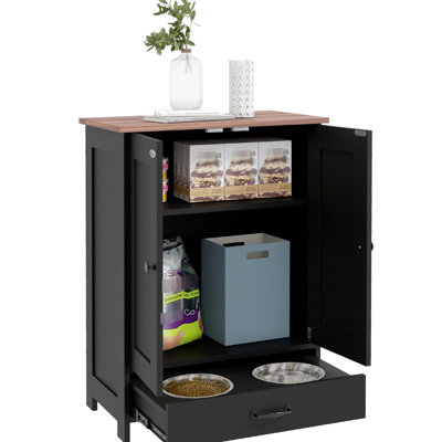 Dog Feeding Assortment With Hidden Bowls, Adjustable Panel, Hooks For Medium Dogs, Black Arrangement Containers, Hooks,