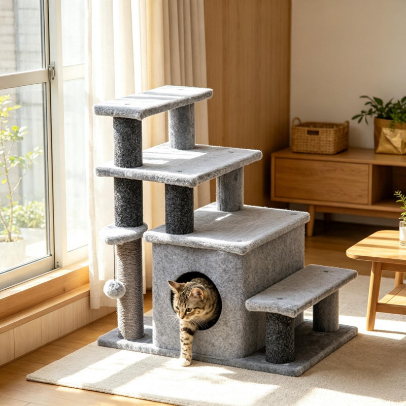 Escalier réglable 3 en 1 pour chat avec niche confortable, griffoir et jouet suspendu, arbre à chat multiniveaux pour petits chats de moins de 4,5 kg, noir et gris
