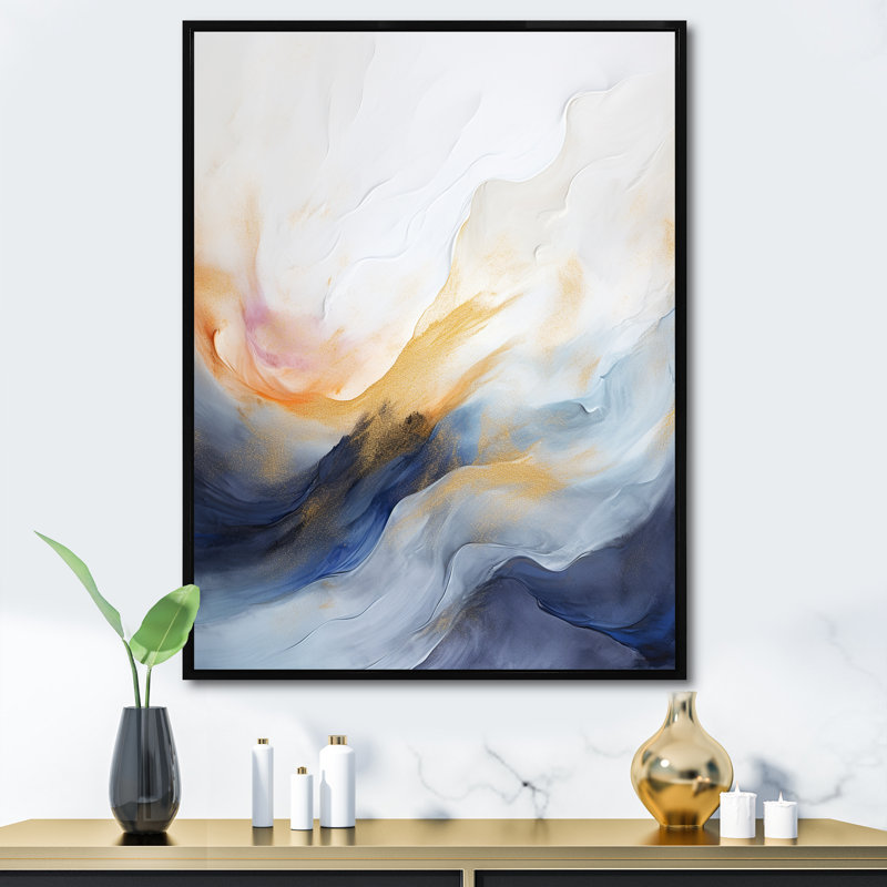 Tempête de marbre bleue et jaune III - art mural abstrait, Cadre flottant noir, H 32 po x l 24 po