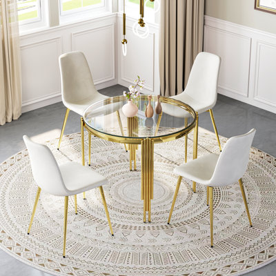 Round Glass Dining Table Set For 4, Modern Irregular Stainless Steel Table With Velvet Cushioned Chairs