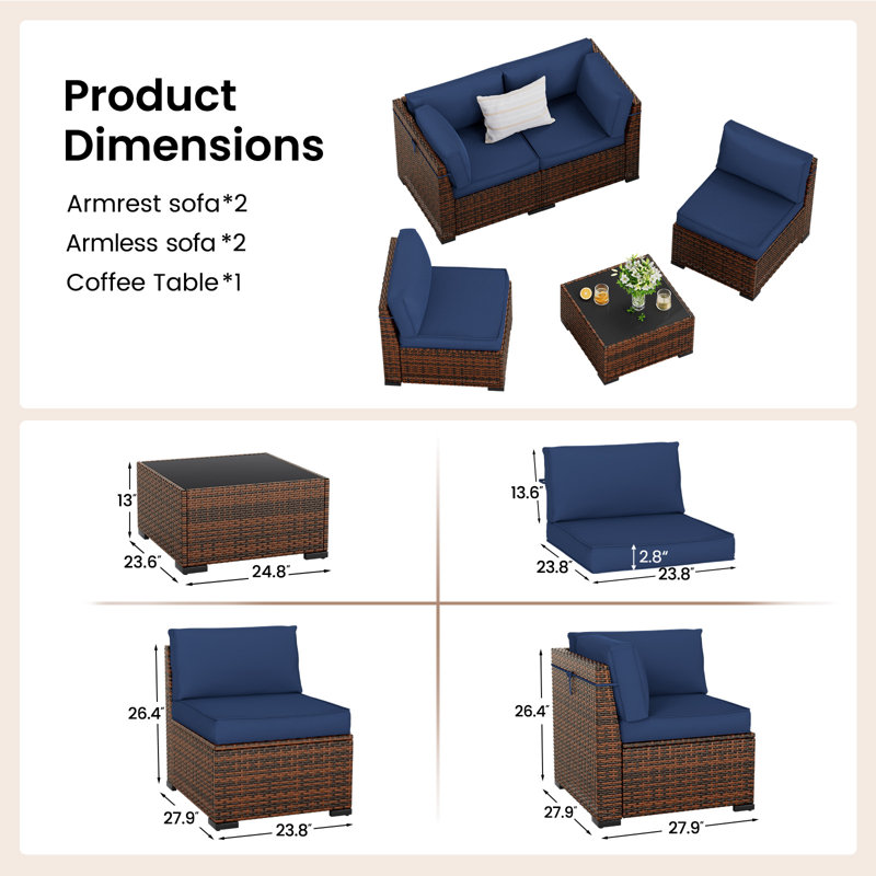 5 Pieces Patio Furniture Set, Outdoor Furniture Sectional Rattan Sofa With Slanted Back, Brown, Navy