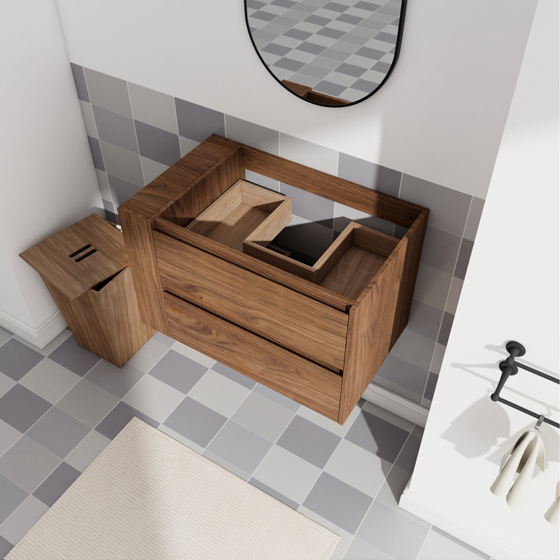 Meuble-lavabo mural de 30 po, tiroir aux 2 tiroirs à fermeture en douceur prolongée, commode aspect chêne brun, Charisma