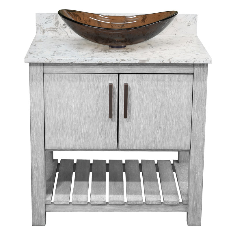Meuble-lavabo de 30 po avec comptoir en quartz moka, lavabo en verre et quincaillerie bronze huilé, Bronze frotté à l'huile
