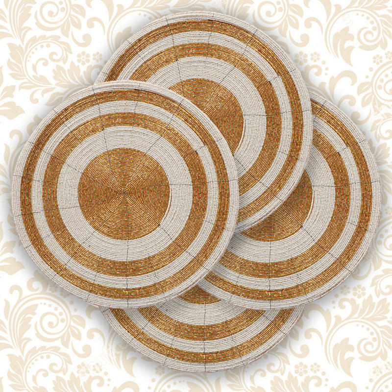 Penman Handmade Round Beaded Placemats Set of 4 – 14-inch Scratch-Resistant Table Decor Christmas Gift, Gold/Ivory