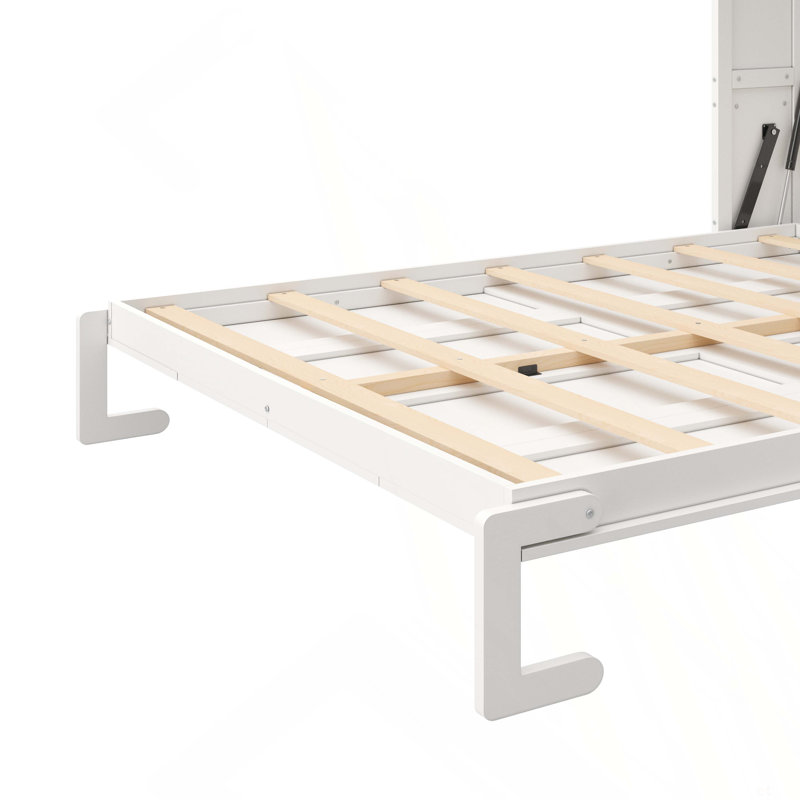 Lit escamotable double avec bureau, tablettes et armoires de rangement, blanc