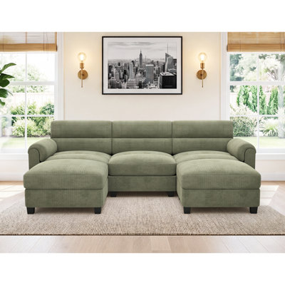Canapé modulaire rembourré en velours côtelé 5 pièces Efaz, 2 repose-pieds, accoudoir à plateau-coussin