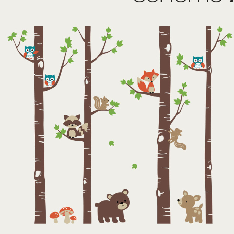 Adhésif décoratif bouleaux avec de jolis animaux de la forêt, H 96 po x l 112 po, Schéma A