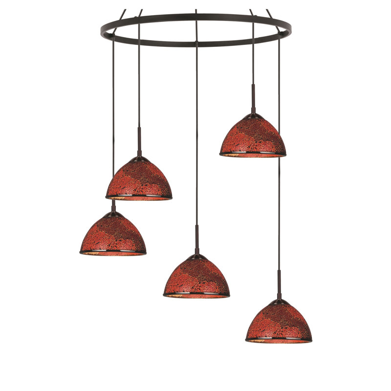 Luminaire suspendu dôme 5 lumières grappe Espalda, Rouge mosaïque, Bronze moyen