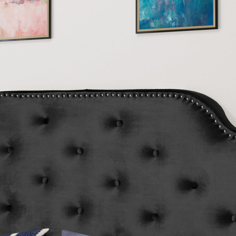 Contemporary Style Queen & Full Sized Headboard - Upholstered Velvet With Button Pattern And Captivating Nailhead Accents, Assembly Needed Black Design Diamond Stitch Fine Details, Required