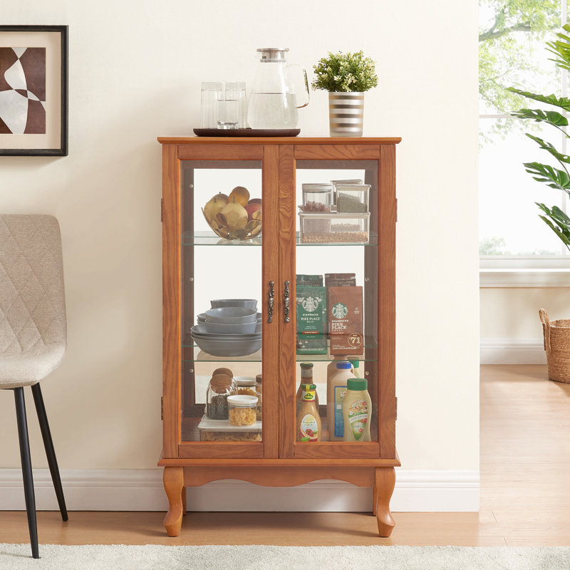 Vitrine 2 portes avec portes en verre trempé, vitrines avec panneau arrière en miroir et tablettes réglables, vitrine éclairée pour la maison, le bureau