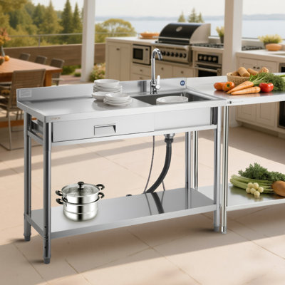 Vevor Stainless Steel Utility Sink, Rolling Single Bowl Commercial Kitchen Sink With Drawer, Faucet And Ho