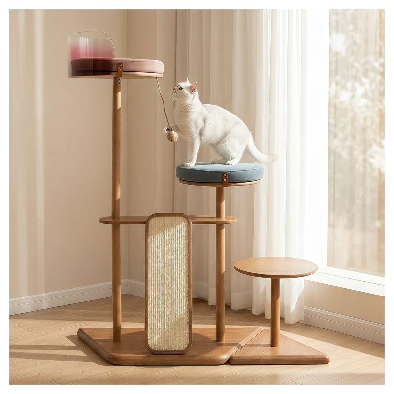 Modern Cat Tree with Acrylic Pod, Oak Veneer & Solid Rubberwood Posts, Multi-Level Scratching Post Tower for Indoor Cats
