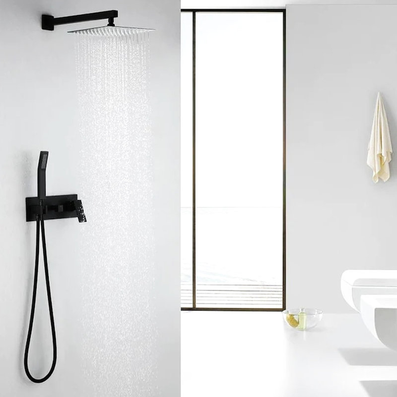 Bathroom Shower Fixtures - Matte Black, Wall Mounted, 10" Rain Head, Hand Shower, Adjustable Water Flow System For 10 Inch 1.5 Gpm Max Rate, Swivel Spout, Residential Use