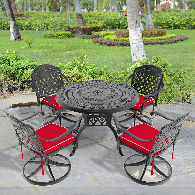 5-Piece All-Weather Cast Aluminum Dining Set, Include 4 Swivel Chairs And 39.37" Round Table With Black Frame, 4