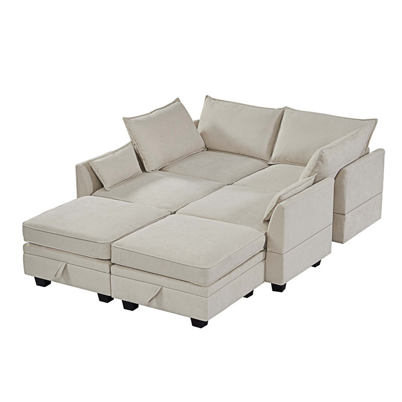 Wide Reversible Modular Sofa & Chaise with Ottoman, Beige Linen