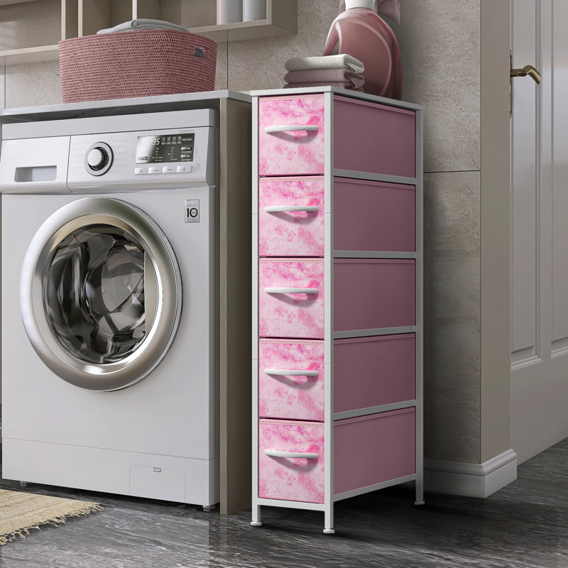 Sorbus Narrow Dresser with 5 Drawers - Vertical Slim Storage Chest of Drawers with Steel Frame, Wood Top & Easy Pull Fabric Bins for Small Spaces, Closets, Bedrooms, Bathrooms & Laundry, Tie Dye Pink