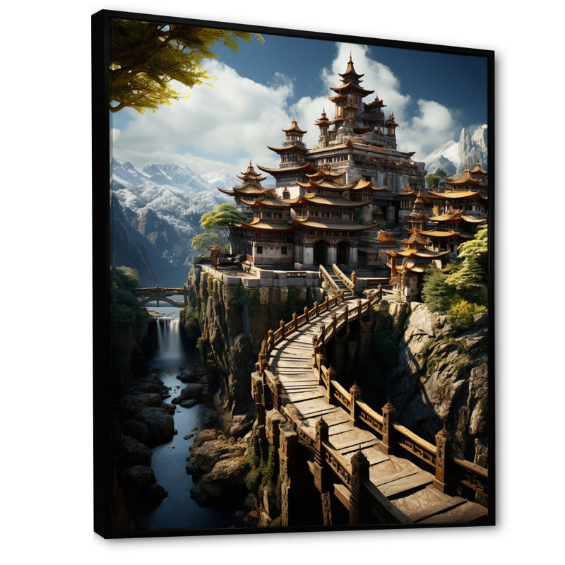 Art asiatique, monastère tibétain II - Impression sur toile asiatique, H 20 po x l 12 po x P 1 po, Cadre flottant noir