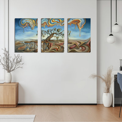 Surreal Clocks And Hourglasses Canvas Wrapped Wall Art Oil Painting Print Set Of 3
