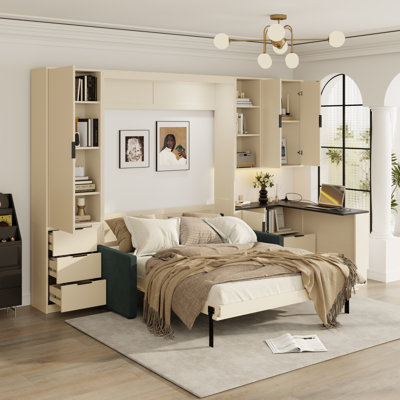 Grand lit escamotable avec canapé intégré, bureau en L et rangement