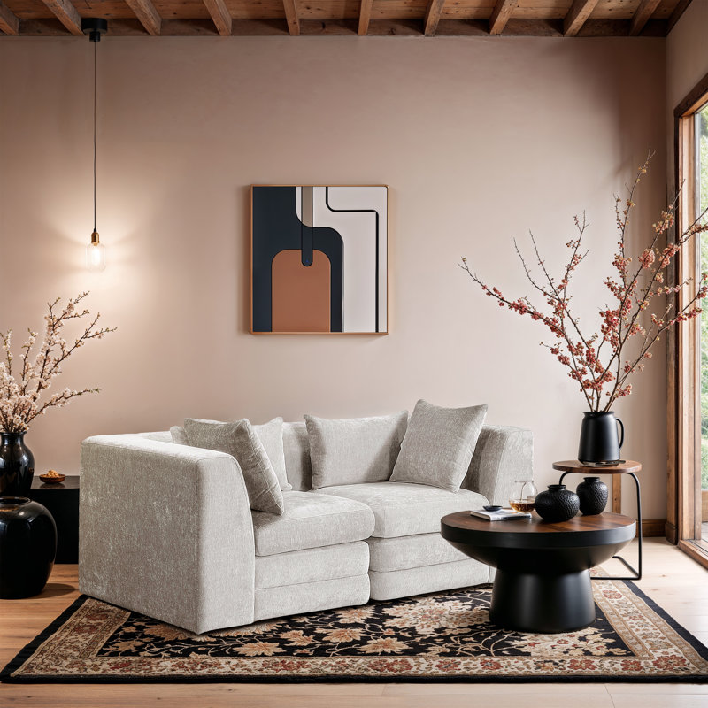 Causeuse modulaire en tissu Eilene Chenille, Tissu chenille crème, 2 coins