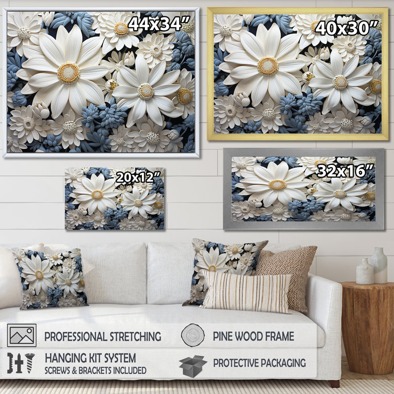 «White Daisy Meadow Elegance I», art mural encadré marguerites, L 44 po x H 34 po x P 1,5 po, Cadre flottant blanc