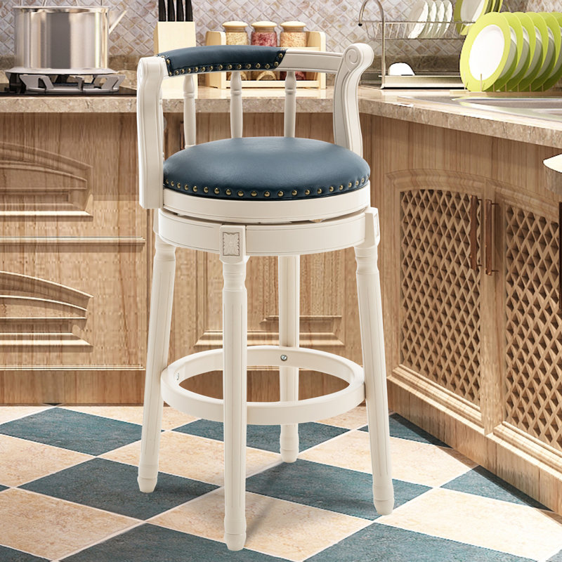Sturdivant Genuine Leather Swivel Wooden, Blue Leather/ Beige Frame, Counter Stool (26" Seat Height)