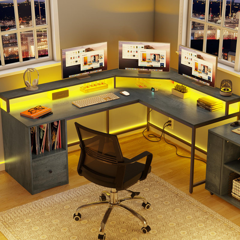 Monge L-Shape Wood Corner Desk Computer Table with LED Light & Power Outlets, Grey