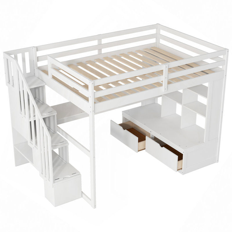 Lit mezzanine double avec bureau et tablettes, deux tiroirs intégrés, escalier de rangement
