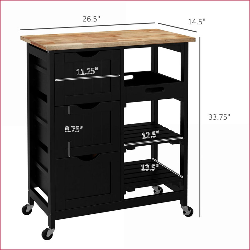 Îlot de cuisine, chariot compact avec plateau en bois d'hévéa, rangement et amp; Plateau amovible, noir | Fabrication en panneau de fibres à densité moyenne | L 26,5 po