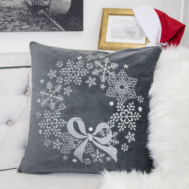 Coussin décoratif en velours gris avec broderie couronne de flocons de neige, 20 x 20 avec insert