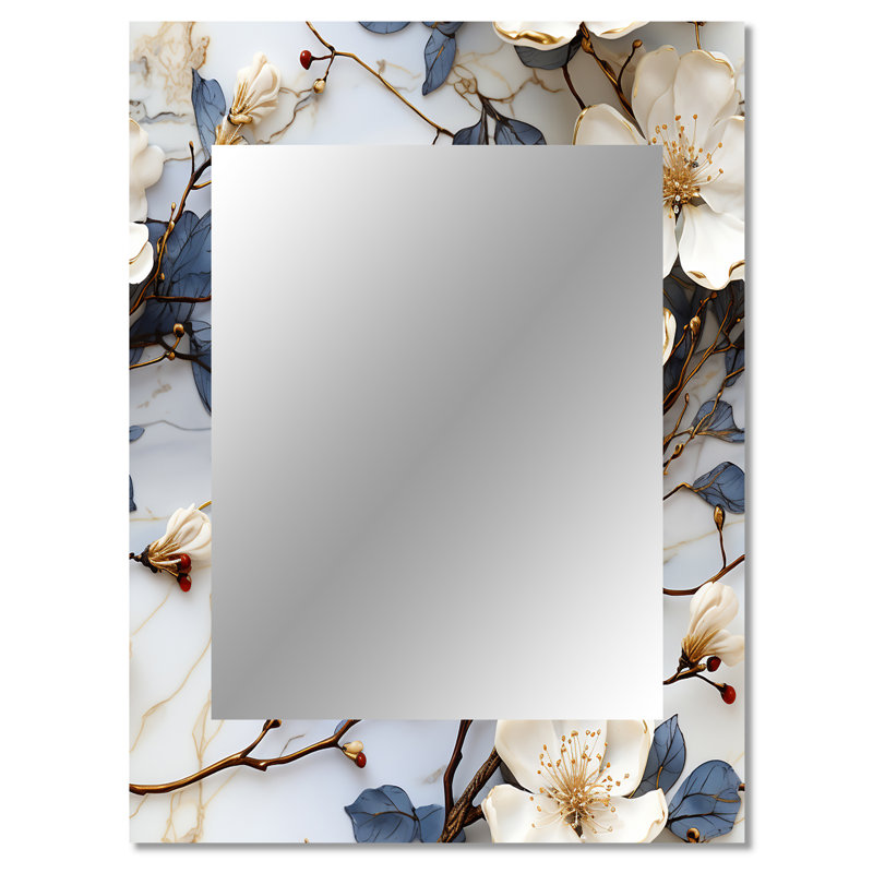 Motif de marbre blanc et bleu Hutton Magnolias, 40 po x 30 po