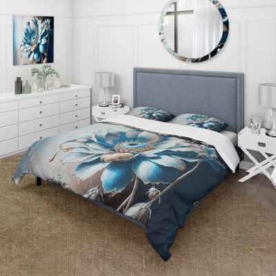 Ice Blue Daisy I - Floral Daisy Duvet Cover Set - Microfiber Polyester