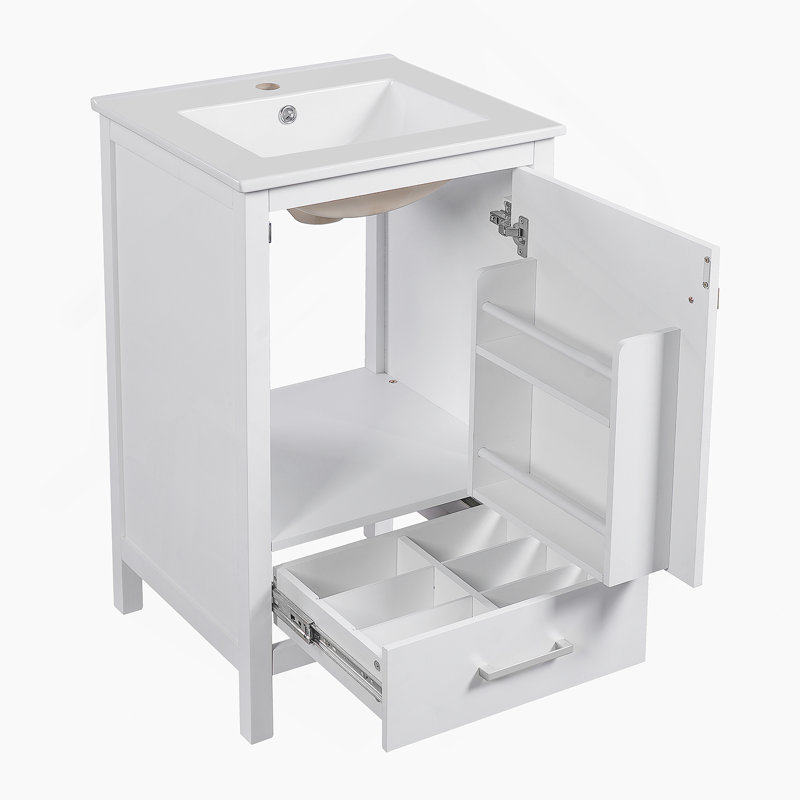 Meuble-lavabo moderne de 20 pouces avec lavabo en céramique, tiroir et porte à fermeture en douceur, organisateur de porte double couche, tiroir de séparation, patins réglables - conception de rangement peu encombrante