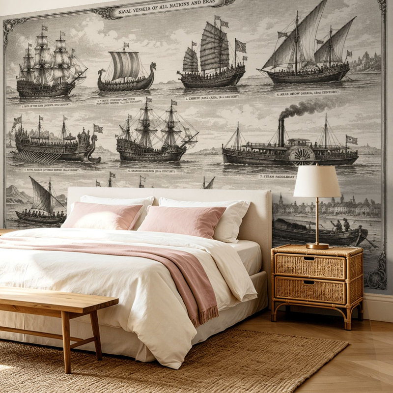 Murale de papier peint pelez et collez Navires antiques Navires de différentes époques, art mural détaillé auto-adhésif et amovible