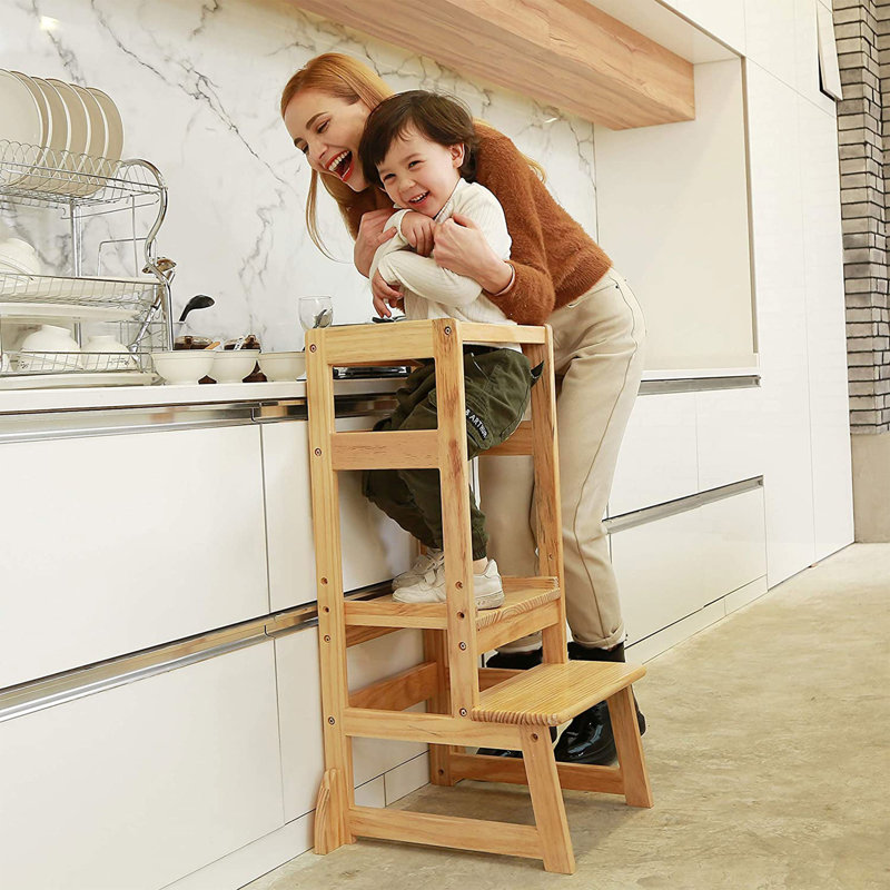 Natural Wooden Adjustable Height 2-Step Learning Stool