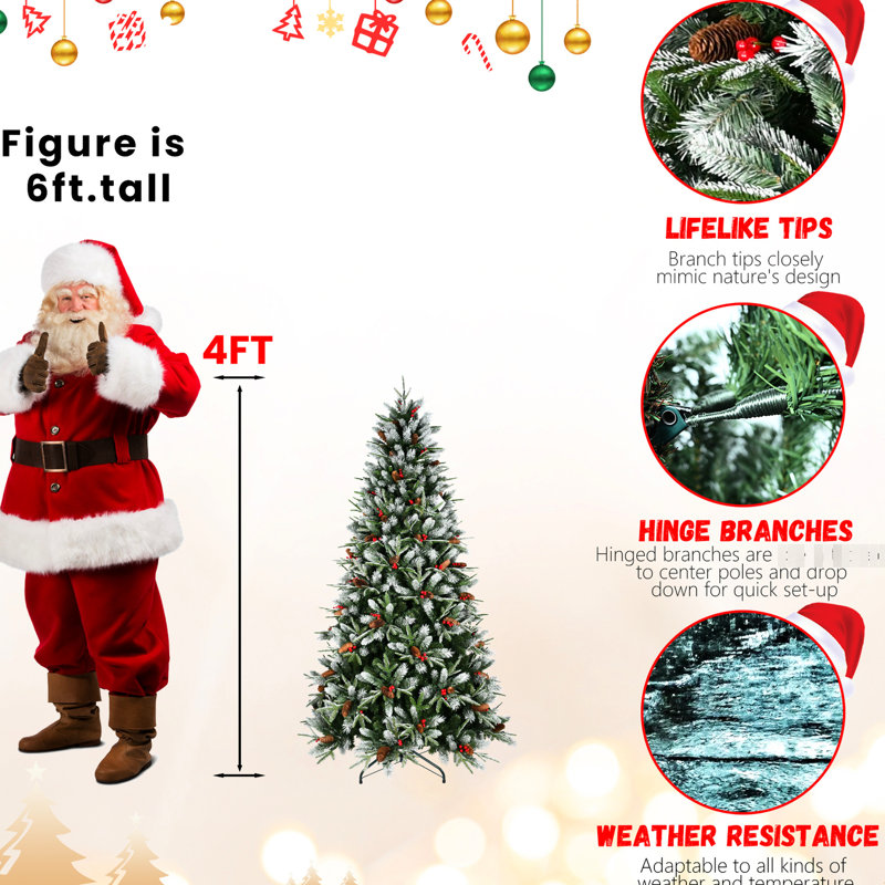 Arbre de Noël de 8 pi avec 2850 pointes, 91 baies rouges et pin réalistes, Pe + à pointe enneigée, structure à charnières pour une installation sans effort, arbre de support en métal robuste, baies, branches, structure, cadre