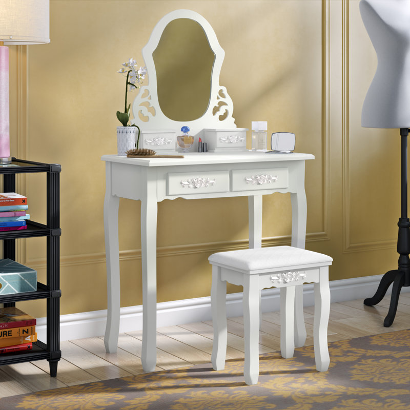 Ensemble coiffeuse avec tabouret et Miroir Enrico, blanc