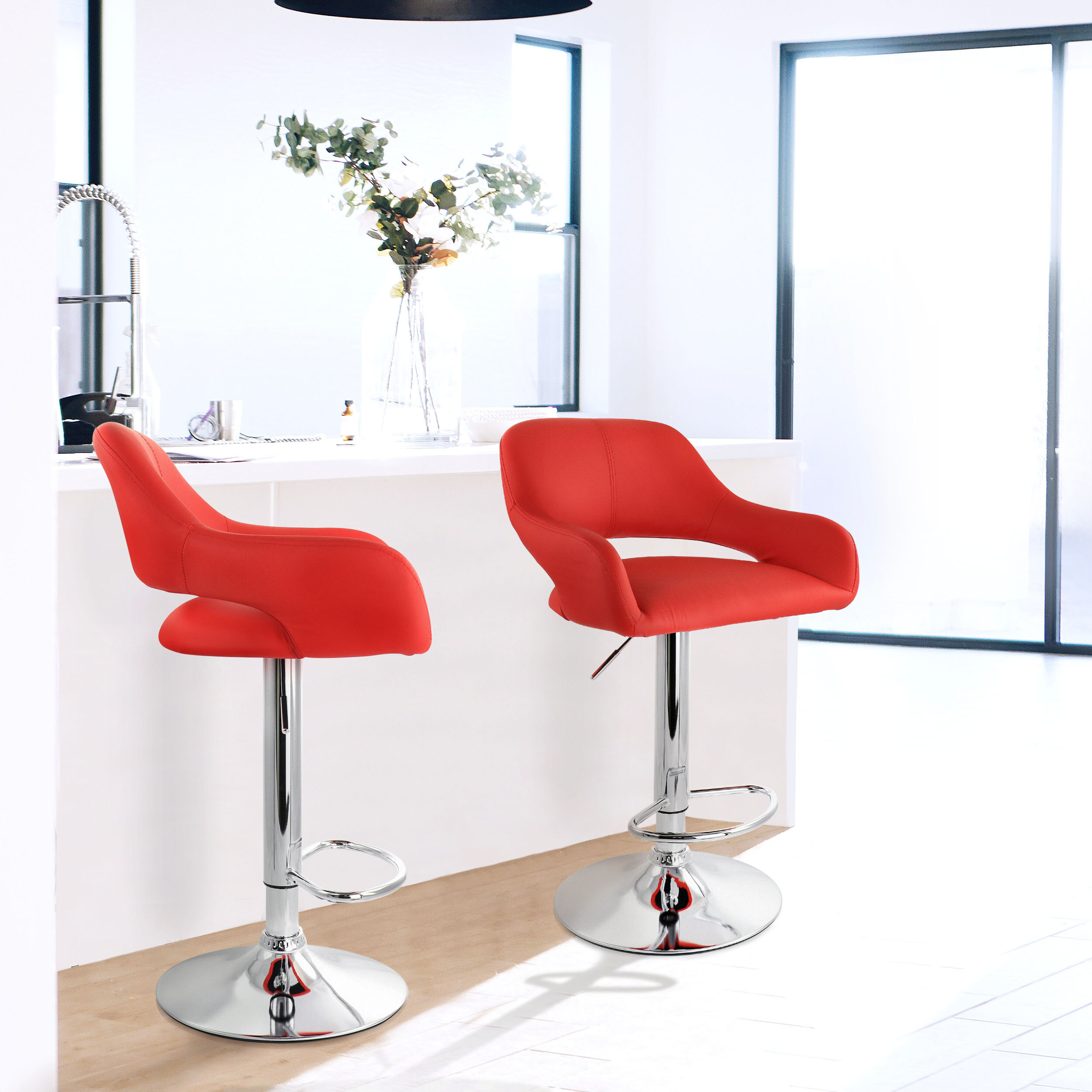 Orren Ellis 2 Piece Adjustable Faux Leather Bar Stool In Red With Chrome Base