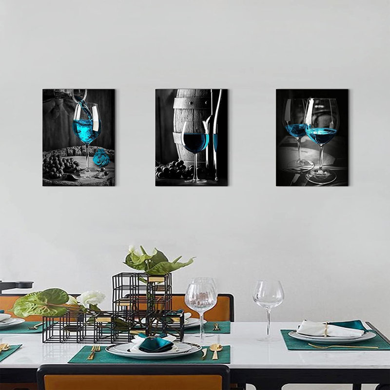 Turquoise Wine Wall Art for Kitchen Teal Wall Decor Living Room Gray and Black Wine Glass Canvas Pictures Dining Room Art Wall Decor Casks Posters Family Bar Modern Home Decorations 12x16" 3 Piece/Set