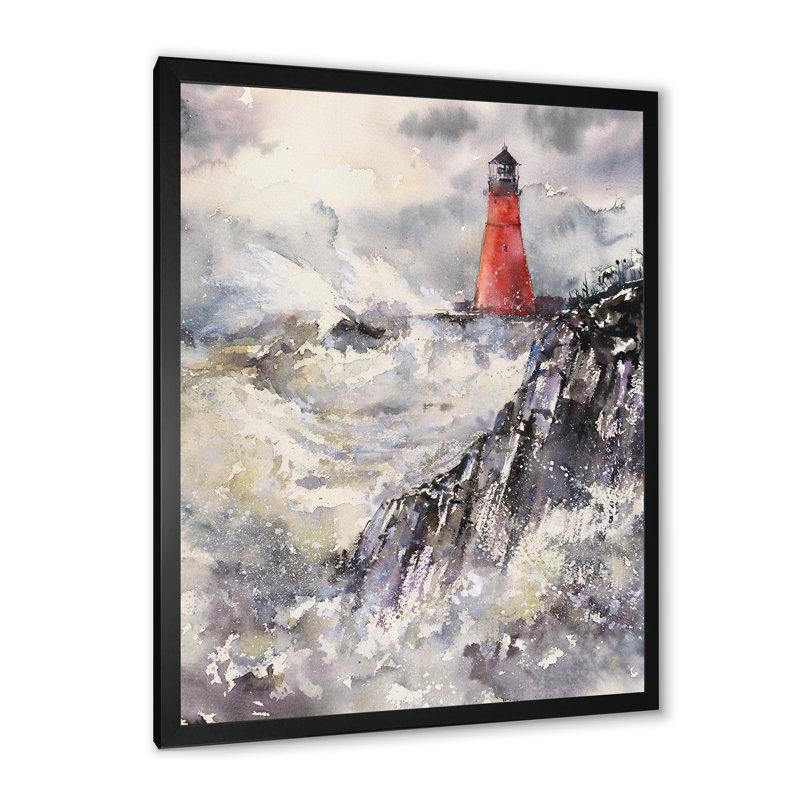 Phare gris, paysage orageux, reproduction d'art sur toile, H 20 po x l 12 po x P 1 po, Toile avec cadre photo noir