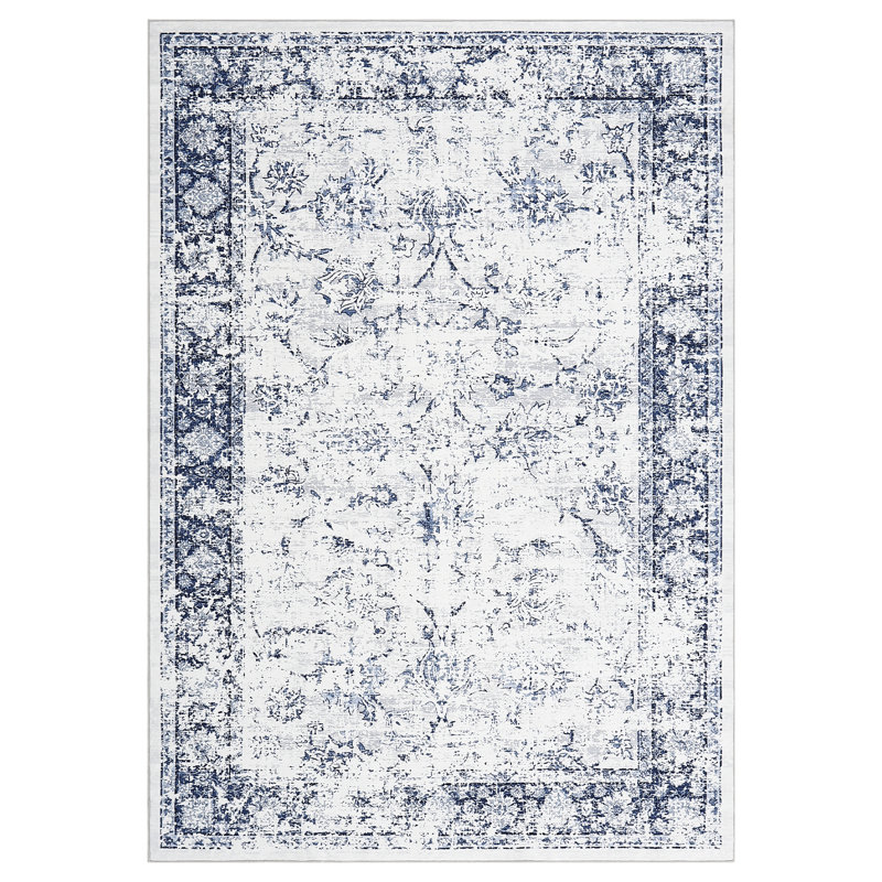 Vintage Area Rug Machine Washable Foldable Rug with Non Slip Carpet for Living Room Bedroom Dining Room, Blue