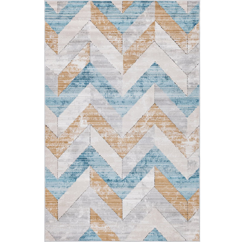  Tapis à chevrons beige / bleu, Rectangle 5 pi 1 po x 8 pi
