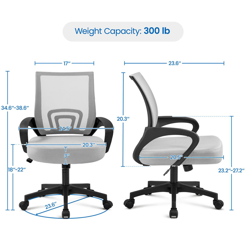 Chaise de travail ergonomique en filet avec support lombaire réglable, Gris